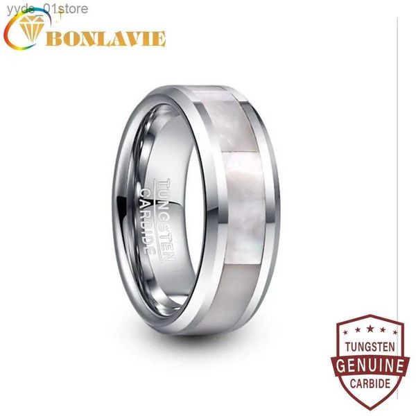 Anéis de banda BONLAVIE 8mm de largura tungstênio caide anel de casamento masculino cor de aço inlay branco madrepérola anel de aço de tungstênio T232R L240305