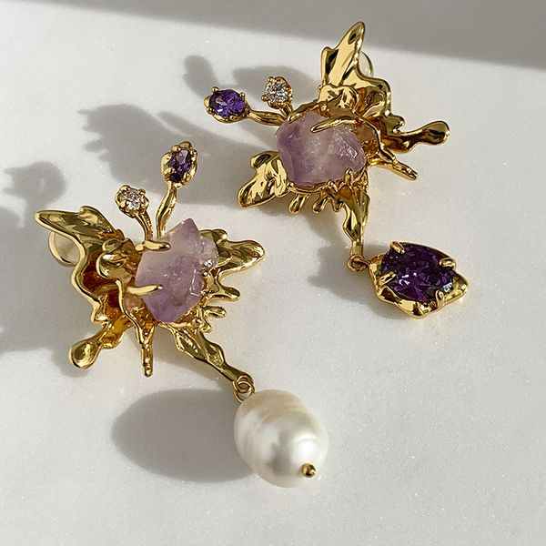 Francês primavera moda brinco barroco pérola brincos assimétrico borboleta ametista orelha studs designer jóias E2024-120
