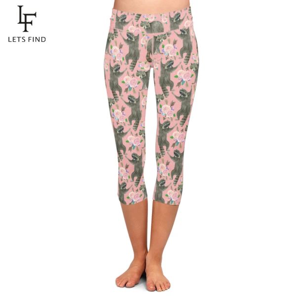 Leggings LETSFIND Neue Ankunft 3D Cartoon Waschbär und Blumen Druck Rosa Hosen Frauen Bequeme Capri Legging Hohe Taille