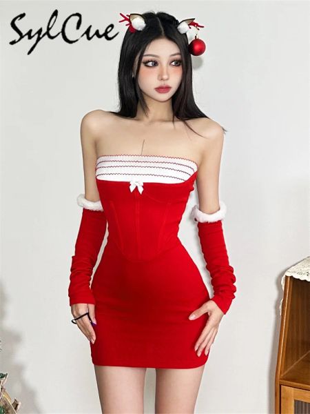 Vestido Sylcue Festa de Natal Red Ambience Madure Sexy Linda confiante Confident Bright High Street Feminino Feminino Vestido de Baço Com Manga