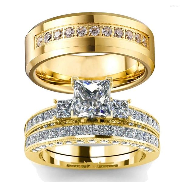Anéis de cluster romântico casal anel masculino cz aço inoxidável feminino corte quadrado cristal strass conjunto casamento noivado jóias