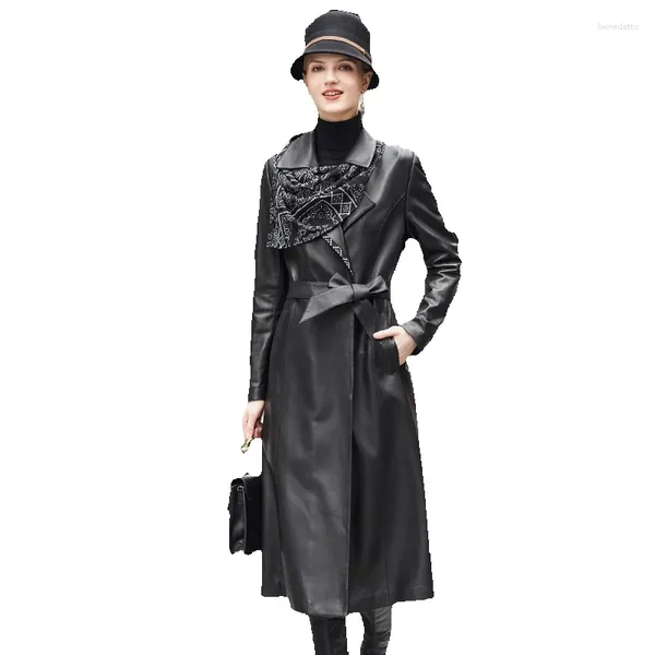 Jaqueta de couro genuíno feminino para longa temporada fino ajuste e emagrecimento cabeça camada ovelha preto temperamento trench coat