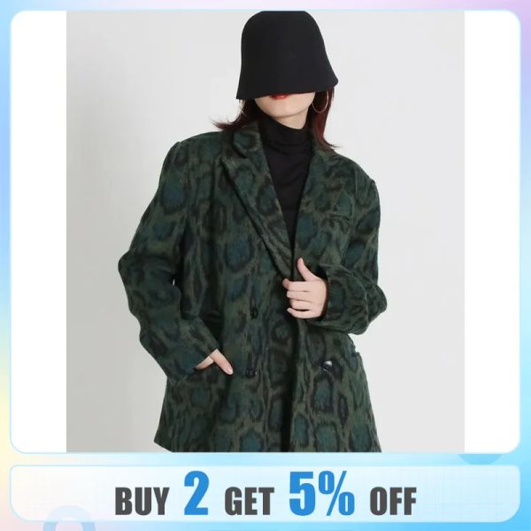 Blazers Green Leopard Pattern Style Chic Blazer Collar Taxar de manga longa de retalhos de retalhos de retalhos duplos Blazers Blazers de Blazers Novo