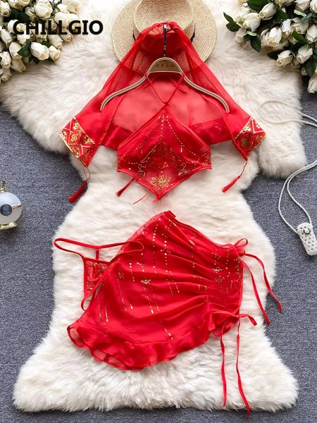Костюмы CHILLGIO, женские сексуальные пижамы с цветочным принтом, костюмы с юбкой, прозрачные экзотические костюмы в китайском стиле, винтажная одежда для сна, нерегулярные комплекты с юбкой-трубой