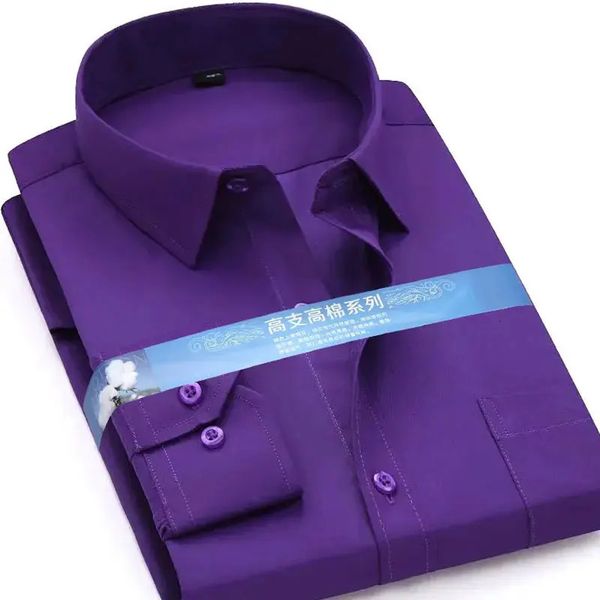 Mens Camisas de vestido de manga comprida Moda diária Negócios Formal Liso Roxo Branco Azul Preto Elegante Escritório Social Camisa Casual 240229