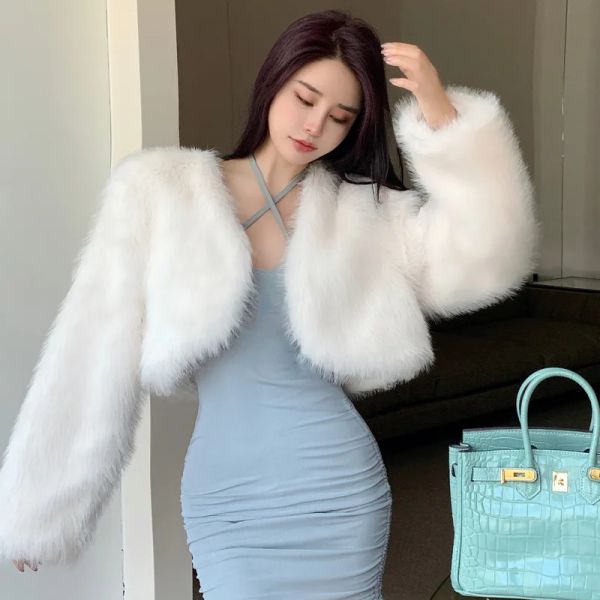 Moda de pele do falso casaco de pele de raposa feminina coreia moda quente casacos de penas soltas mangas compridas cardigan de pele curta jaqueta de pele senhora outfits