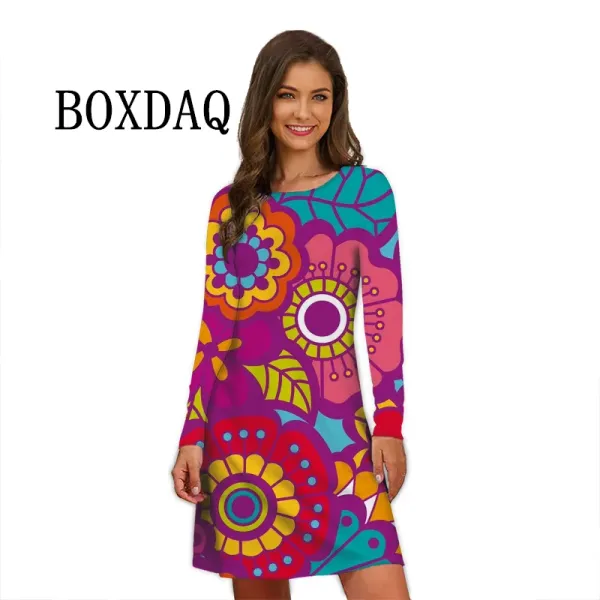 Vestido flower power vestido feminino retro hippie 60s elegante manga longa vestido solto casual moda oversized outono mulher impressão mini vestido