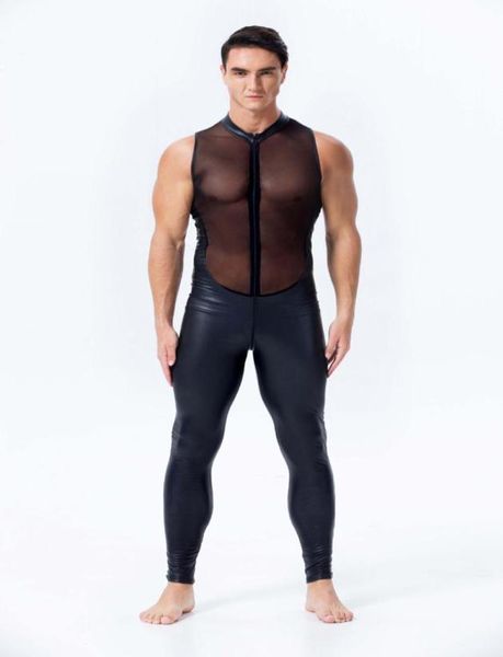 Novo design masculino macacão de couro falso sexy malha estiramento catsuit sem mangas ver através bodysuit masculino zíper virilha aberta clubwear5112369