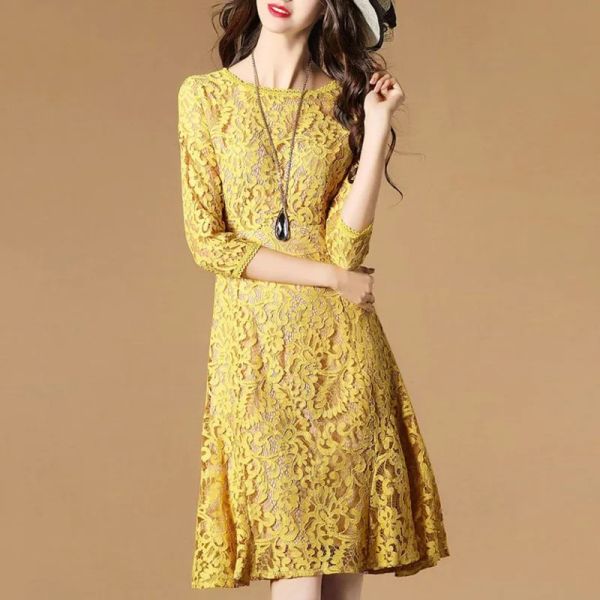 Abito Abito in pizzo giallo per donna Vestido slim Vestido Abiti eleganti da donna Gonna aline con tessuti ricamati floreali di media lunghezza primaverile