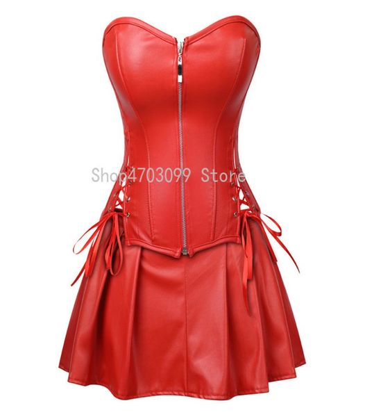 Mulheres rendas até costas vermelho espartilho vestido steampunk falso couro cintura cincher zíper bustier topo com mini saia sexy plus9345945