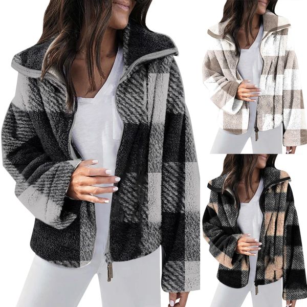 Jaquetas venda quente jaquetas para mulher plus size manga longa zip up lapela jaqueta de lã quente xadrez fofo casaco outono inverno para mulher
