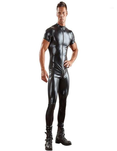 Sexo bodysuit sexy men039s couro catsuit roupas dos homens clubwear um pedaço de manga curta macacão preto masculino t camisa zíper calças3121710