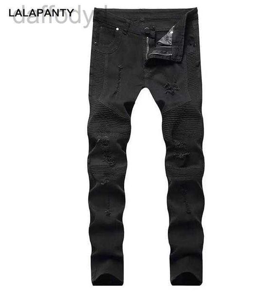 Jeans da uomo LALAPANTY rappresentativo jeans abbigliamento slp blu/nero strappato mens slim fit denim dritto biker pantaloni skinny da uomo 240305