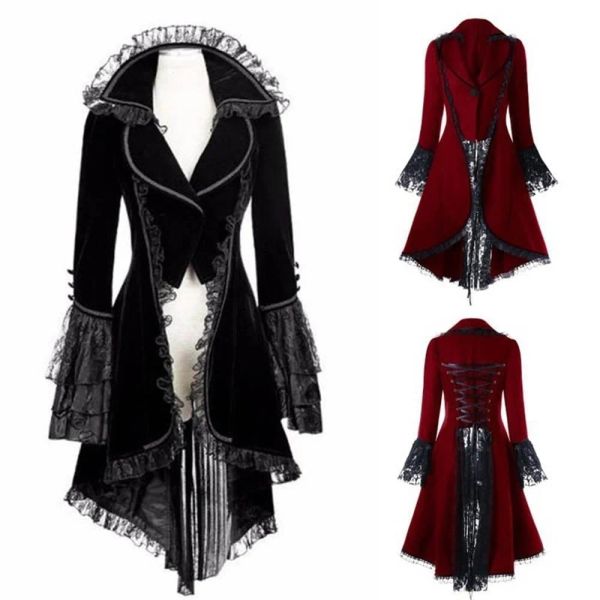 Abito da donna Giacca con lacci bordata in pizzo Orlo arricciato Punk Cappotto gotico in stile vittoriano Abito da corte aristocratico medievale Taglie forti