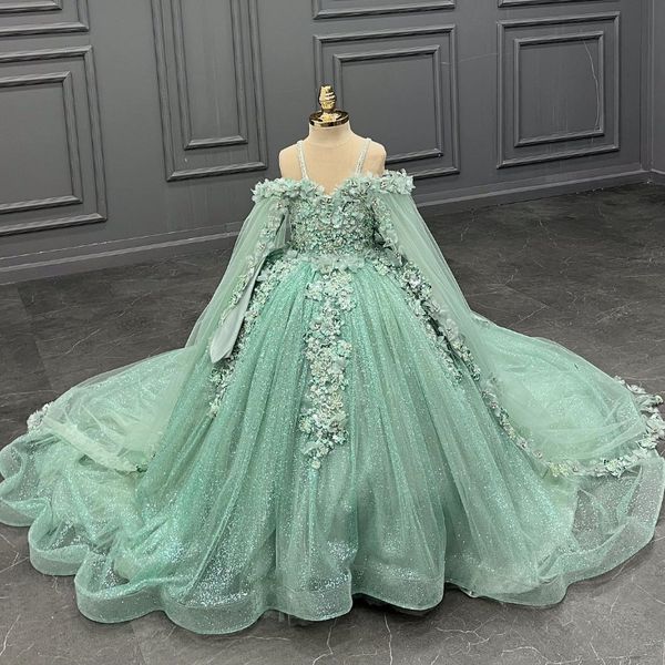 Abito Quinceanera verde chiaro lucido con spalle scoperte Applicazioni di perline in pizzo con mantello Abito da ballo Abito da festa formale di compleanno Robes De Soiree