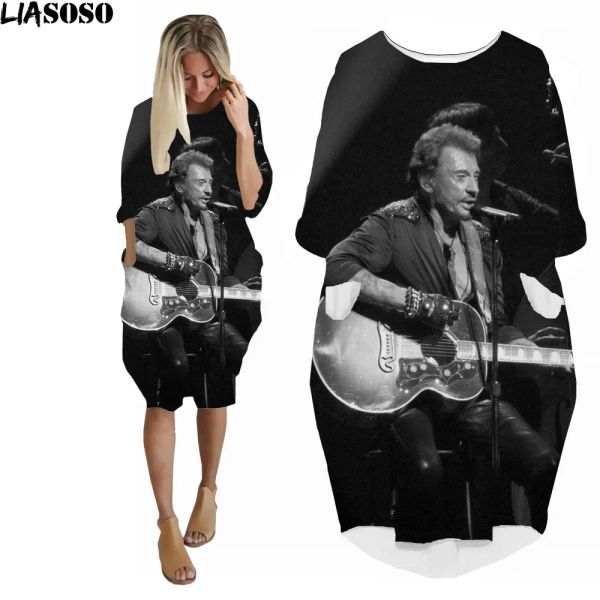 Kleid Liasoso Johnny Hallyday Kleid Frauen 3D -Print Sommer Mode Loose Long Ärmel French Sänger Rock Hip Hop Kawaii Ladies Kleider
