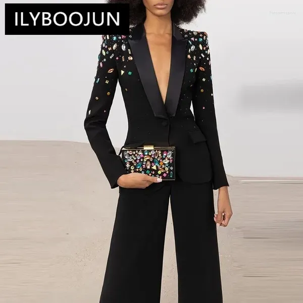 Completo da donna con giacca e pantaloni in due pezzi per donna Classico nero con perline squisite Design alla moda Pezzi da strada per donna Abiti di qualità