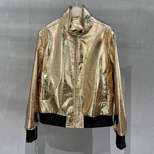 Jaquetas 2023 novo estilo Lady Luxury Coather Jacket Set Moda Moda Gold Silver Color Sheepskin Casat Elastic GT5482