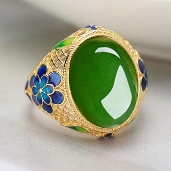 Anéis de cluster lindo cor natural onyx verde jade pedra ajustável aberto para mulheres estilo chinês vintage boêmio elegante jóias presente