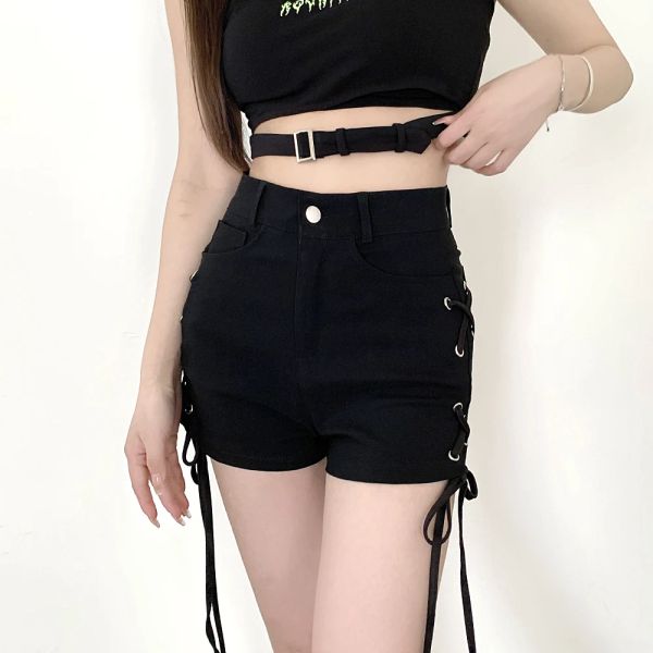 Shorts schwarze Goth Shorts Frauen sexy Verband Schnürung Hochtütige Y2k Streetwear Shorts lässige enge heiße Hosen