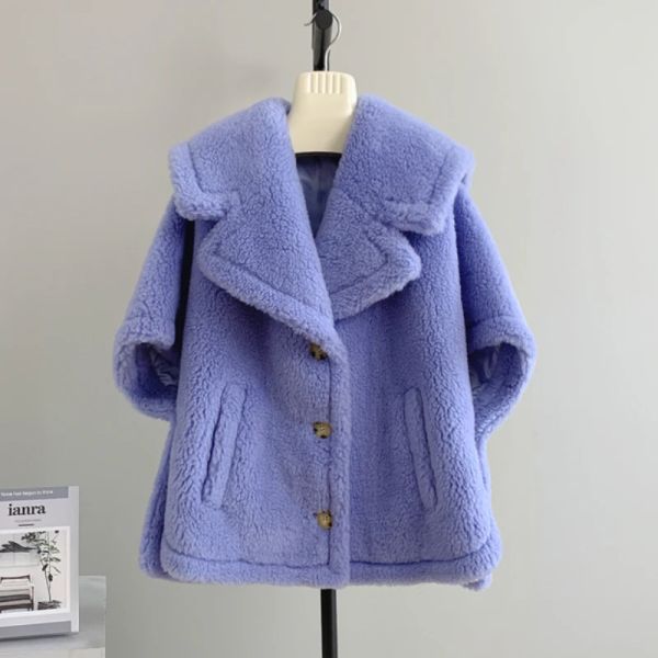 Pelliccia RosEvans Elegante orsacchiotto Cappotto corto in lana di cammello Temperamento da donna Spessore colletto blu scuro Mantella senza maniche in vera pelliccia Vestibilità Autunno Inverno