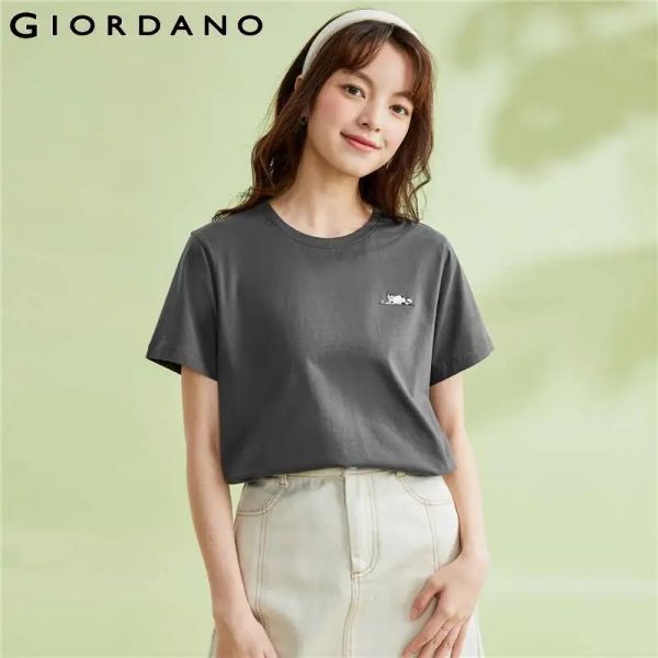 Camisetas GIORDANO Mulheres Camisetas Gato Bordado 100% Algodão Tee Verão Manga Curta Crewneck Simples Conforto Casual Camisetas 13323405