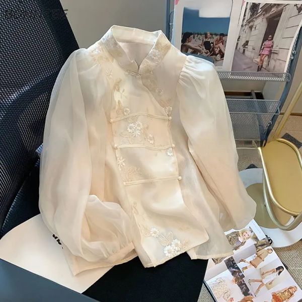 Hemd Shirts Frauen Lose Chinesischen Stil Freizeit Stickerei Chic Elegante Dame Sanfte Sonnencreme Tops Frühling Vintage Entworfen Heiße Mode