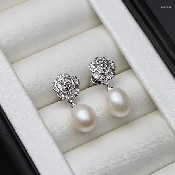 Ohrstecker Vintage 925 Sterling Silber Blume Natürliche Süßwasserperle Für Frauen Schmuck Verlobungsgeschenk Weiß Lila Schwarz