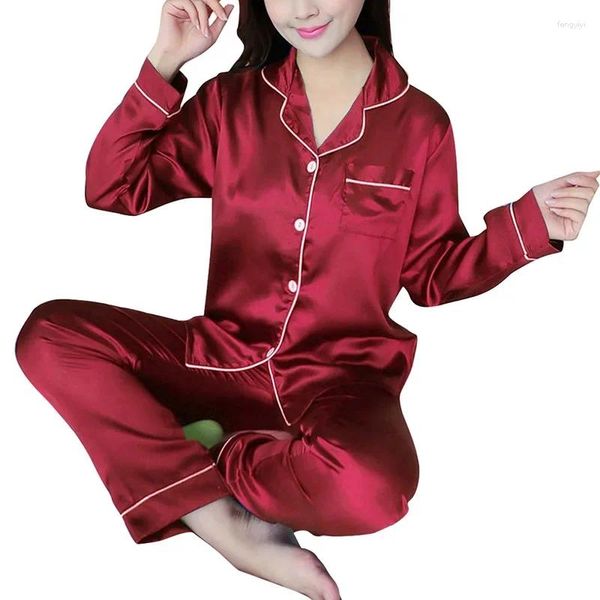 Frauen Nachtwäsche Pyjamas 2024 Frühling Langarm Mujer Pijamas Sexy Nachtwäsche 2 Stück Anzug Seide Satin Pyjamas Sets Plus größe