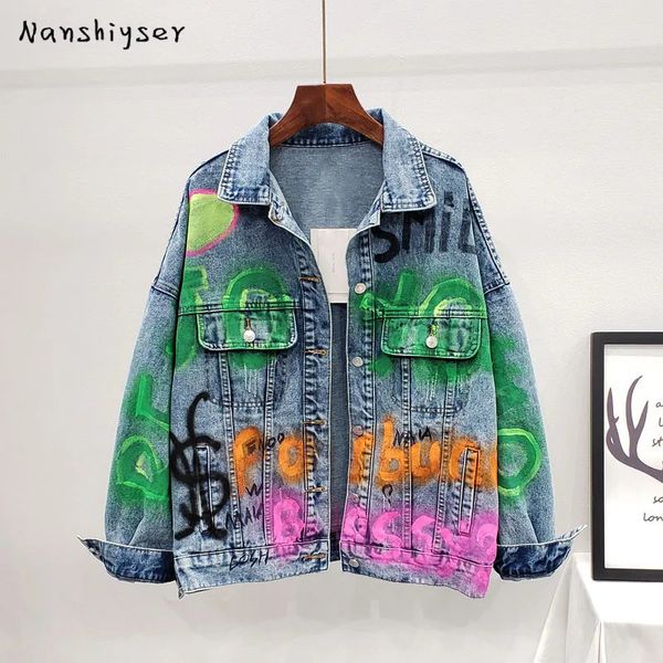 Autumn Fashion Women Letters Print Graffiti harajuku Giacca di jeans casual sfilacciata Chaqueta Mujer Casual Female Coats Streetwear 240301