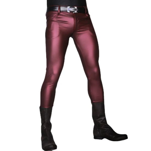 Hosen Wein rot schwarze Kunstleder Men Hosen Hose dünne Hose Punk Rock Stifte Hosen Strecken enge Leggings Stage Show Clubwear