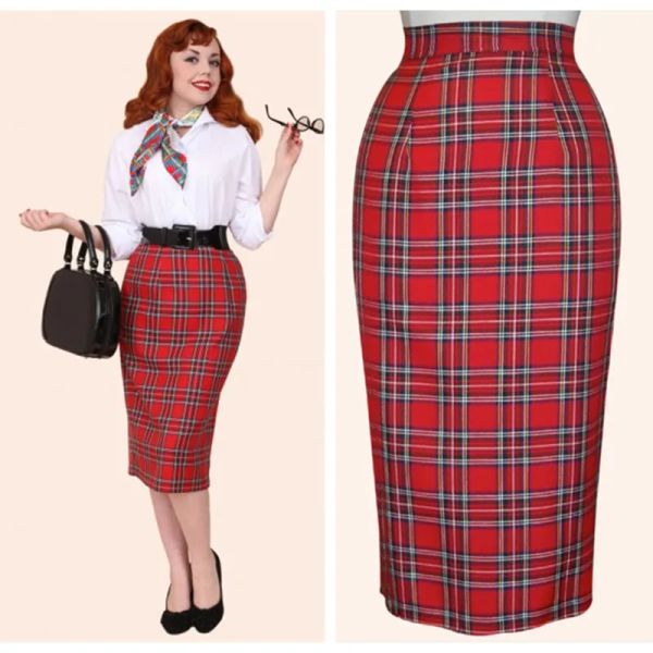 Saia 30 mulheres vintage 50s pinup tartan cintura alta wiggle midi saia lápis em vermelho plus size saias falda talla grande jupe crayon