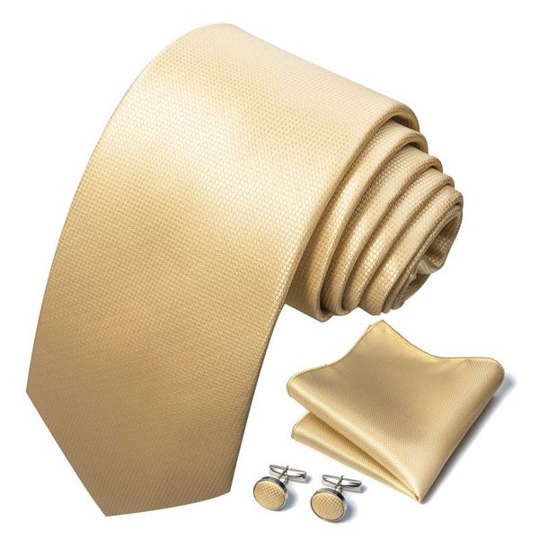 Gravata de casamento masculina de poliéster sólido dourado, lenço, abotoadura, conjunto de gravata, moda, presente de festa