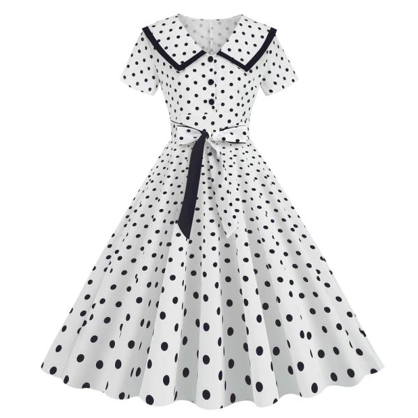 Kleid Schwarz Polka Dot Sommerkleider für Damen 2024 Robe Vintage 50er 60er Turndown-Kragen Kurzarm Lässiges Rockabilly-Kleid Swing