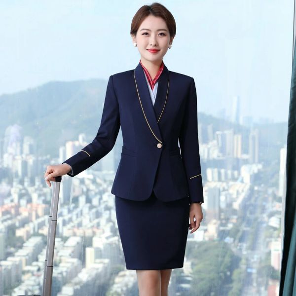 Abiti stile coreano Primavera Autunno Donna Gonna Tute Set da 2 pezzi Giacca da donna da ufficio Blu navy Abbigliamento da lavoro da lavoro Uniforme da hostess