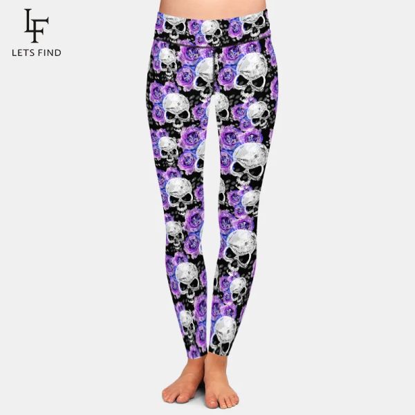 Leggings letsfind nova chegada 3d gótico flores e crânios impressão leggings de cintura alta mulheres fitness magro sexy leggings elásticos