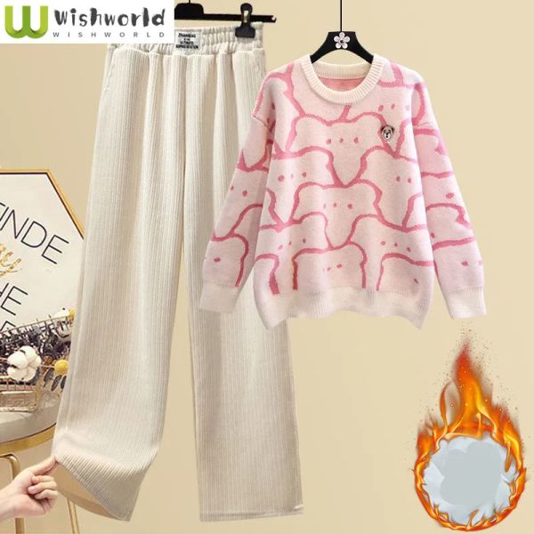 Anzüge Korean Beliebte Plüsch Verdickt Hellrosa Gestrickte Pullover Pullover Casual Breite Bein Hosen Zweiteilige Elegante frauen Hosen Set