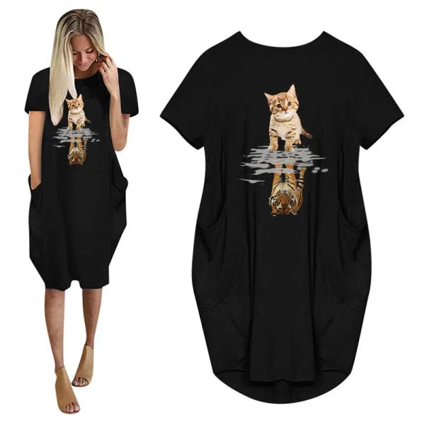 Vestido cattiger impressão estética gráfico feminino vestido de verão com bolso senhoras o pescoço topos feminino streetwear t camisa vestido