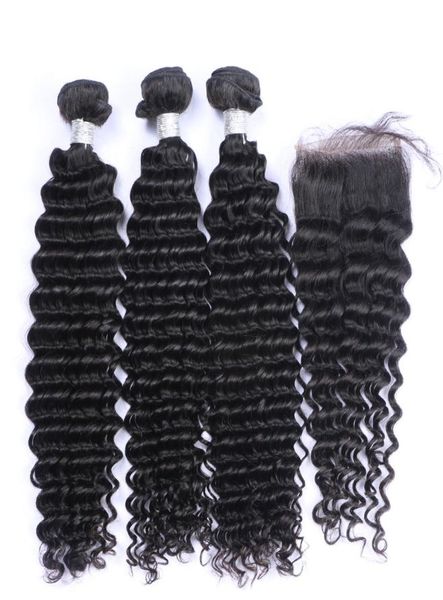 Fechamentos de renda com 3 pacotes brasileiro encaracolado virgem cabelo humano tece 8a peruano malaio cambojano indiano mongol jerry curly8654239