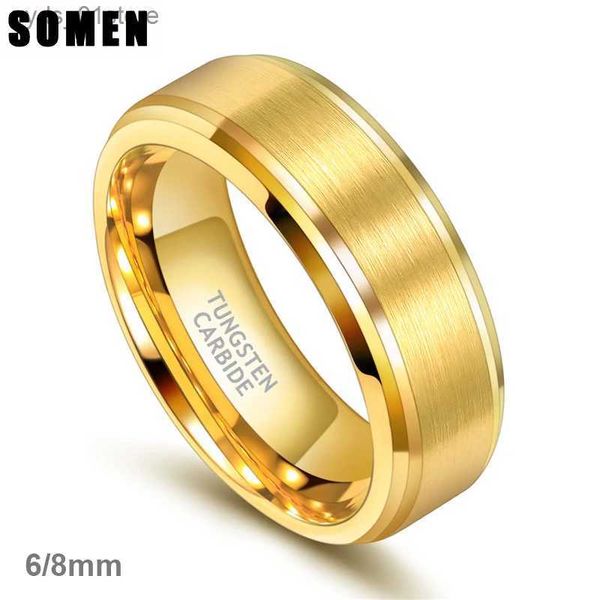 Anéis de banda Somen Nova chegada clássico masculino anel cor de ouro 6mm 8mm largura tungstênio caide unisex luxo casamento banda simples anel jóias l240305