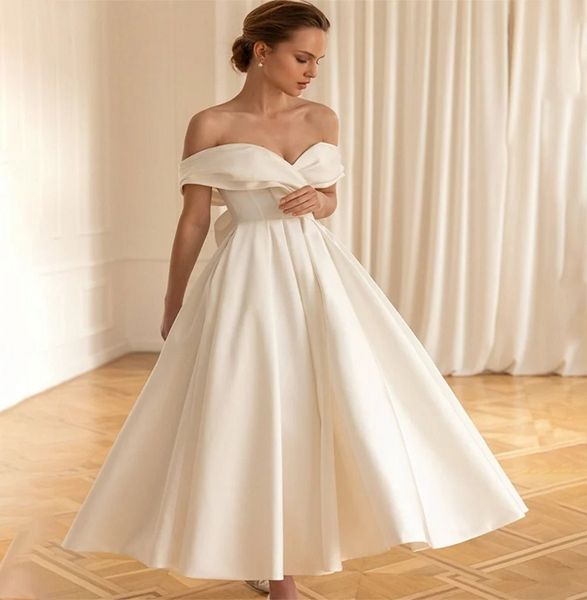 A linha vestido de casamento curto 2024 com arco querida fora do ombro cetim vestidos de festa de noiva novias robe de mariee