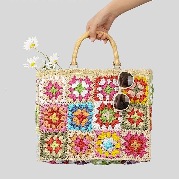 Bohemian Granny Square Staw Bolsas Casual Papel Tecido Bambu Alça Mulheres Sacos de Mão Handmade Summe Beach Bag Grande Tote Bolsa 240221