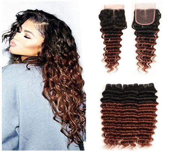 Brasileiro 33 tece 100 extensões de cabelo humano onda profunda escuro ruivo ombre cabelo 3 pacotes 8a cabelo castanho escuro com fechamento de renda 8481202