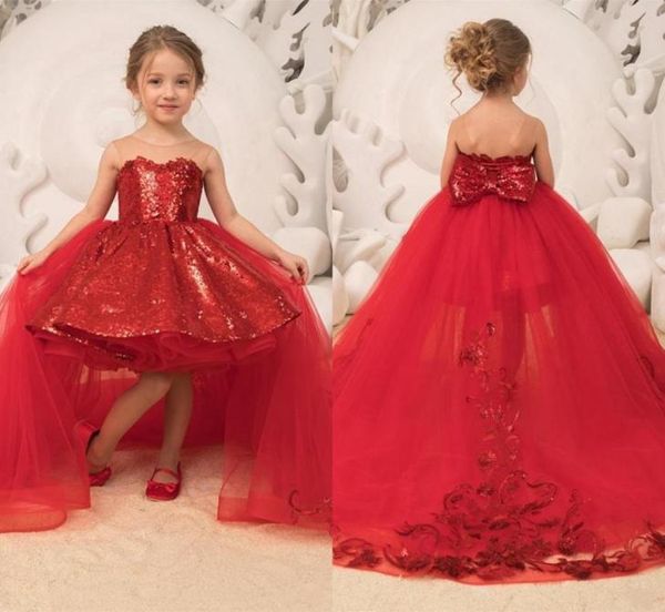 Adorabile abito da ballo rosso Abiti da ragazza di fiori per matrimoni Sheer Jewel Neck Lace Girls Formal Kids Wear Abiti da prima comunione Pageant P5906385