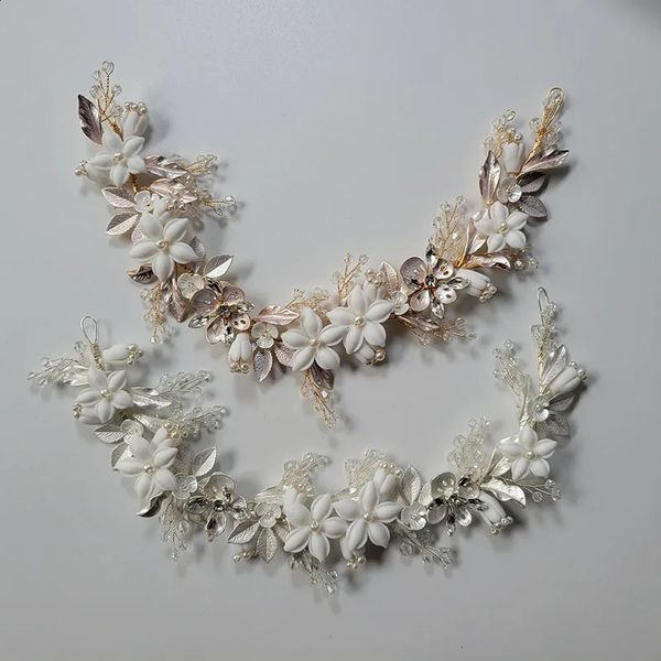 Slbridal el yapımı alaşım çiçek yaprağı rhinestones seramik çiçek gelin bandı düğün başlıkları nedime kadın saç takılar 240301