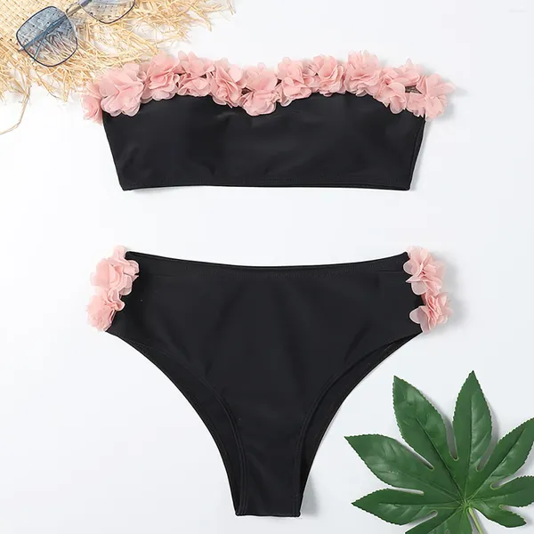Damenbadebekleidung Frauen Badeanzug Split Solid 3D BLUME Brust Bikini Gepolstert Sommer Sexy Badeanzug Zwei Stücke Strand