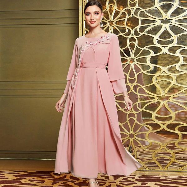 Etnik Kıyafet Pembe Şifon Daimonds MAXI KURULUMLAR İÇİN MAXI COULD 2024 Ramazan Eid Akşam Elbisesi Dubai Abaya Müslüman Kaftan İslami Vestidos