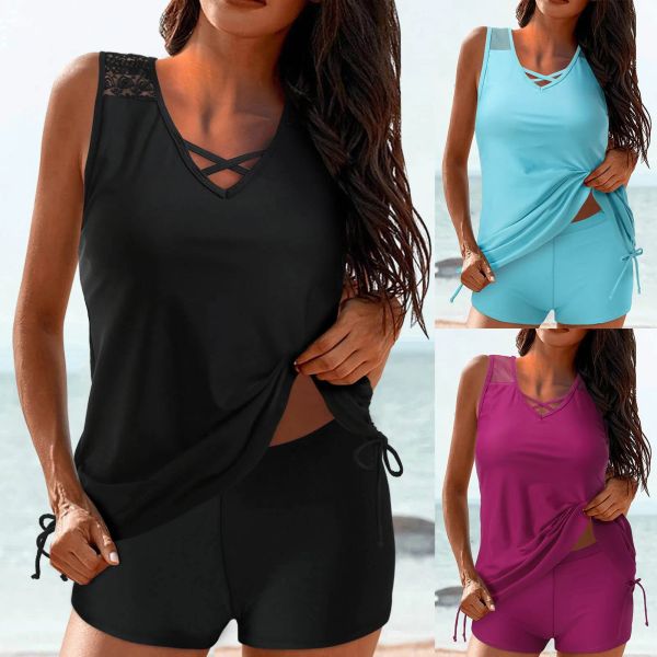 Set 2023 Damen Bademode Tankini 2 Stück Solide Hohl Leibchen Tops Bikini Set Gedruckt Badeanzüge Für Frauen Tank Top Badeanzug