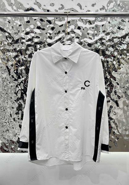 Tasarımcı Üstleri Kadın Düğme Gömlek Moda Beyaz Bluz Özelleştirilmiş Şerit Ekleme Tasarım Arka Yama Uzun Kollu Gömlek İşlenmiş Harfler