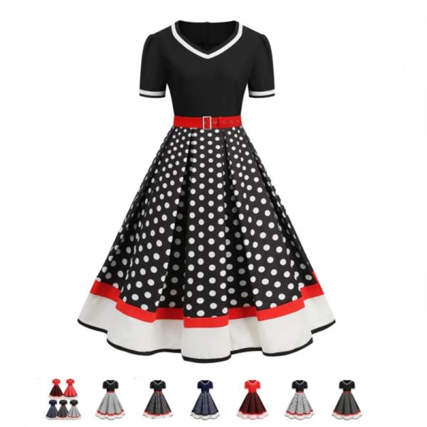 Kleid Retro Polka Dot Damen Sommerkleider 2024 Hepburn Stil V-Ausschnitt Kurzarm Robe Pinup Vintage Rockabilly Party Bürokleid 4XL